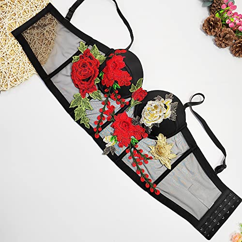 Women's 3D Floral Embroidered Mesh Corset Top, See-Through Cami, No Bra Needed2