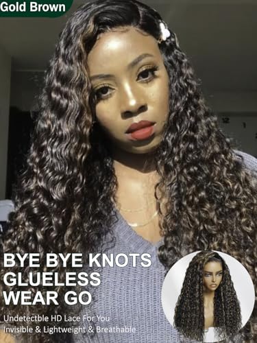 Image of KLAIYI Golden Brown Water Wave Bye Bye Knots Glueless Wig Human Hair Highlight 7x5 Precut Lace Front Pre Plucked Bleached Ombre 3S Ready to Wear Go Beginners Wig with Dark Roots Deep Curly Wave 20Inch