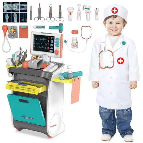 deAO Juego De Doctor para Niños con Bata De Médico y Estetoscopio, Juguetes De Medicos con Luces y Sonido, Maletin Medicos Juguete, Juego De Roles Juguetes Niñas y Niños 3+Años（Azul）