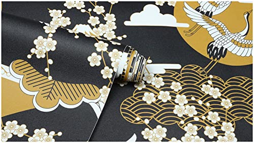 LZH-LP Papier Peint Auto-adhésif Style Japonais Ukiyo-e Motif Mont Fuji Grues Cerisiers, 45x500CM Décoration Murale pour Salon Chambre Meubles Cuisine...