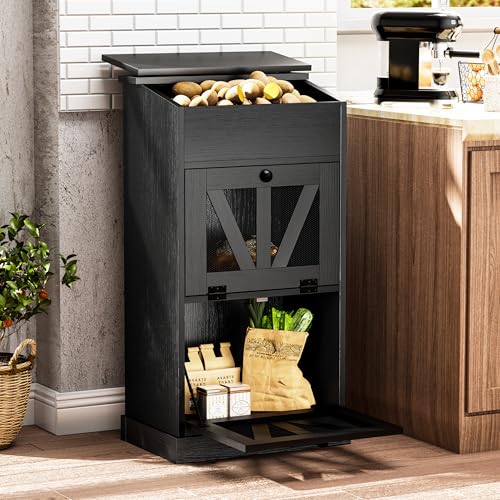 Black Potato Storage Bin Wood, Wooden Bread Storage Box, 19'' Farmhouse Potato and Onion Storage Bin Box, Mid Century Modern Potato Bin with Grocery Section, Vegetable Bins for Onions and Potatoes