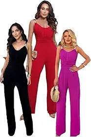 Macacão Feminino Elegante, Pantalona Flare, Alça Larga, para Festas, Verão, Casual, Reveillon, em Preto, Vermelho e Rosa