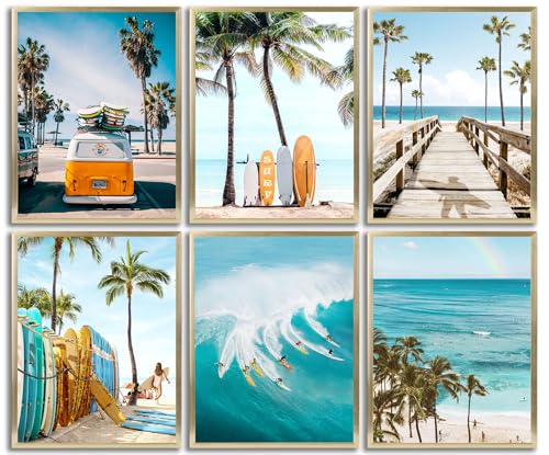 6pcs Coastal Surfboard Canvas Wall Art Summer Ocean Surfing Posters Prints Paintings Tropical Beach...