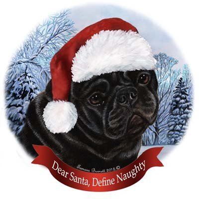 Black Pug Dog Santa Hat Christmas Ornament Porcelain China U.S.A. Gift