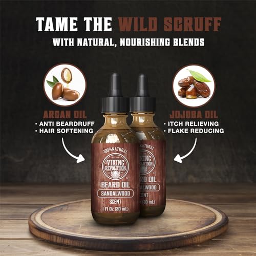 Image of Viking Revolution Sandalwood Beard Oil for Men - Natural Mens Beard Oil with Argan Oil and Jojoba Oil - Beard Softener, Strengthens and Moisturizes - Beard Conditioner for Men (Sandalwood, 2 Pack)