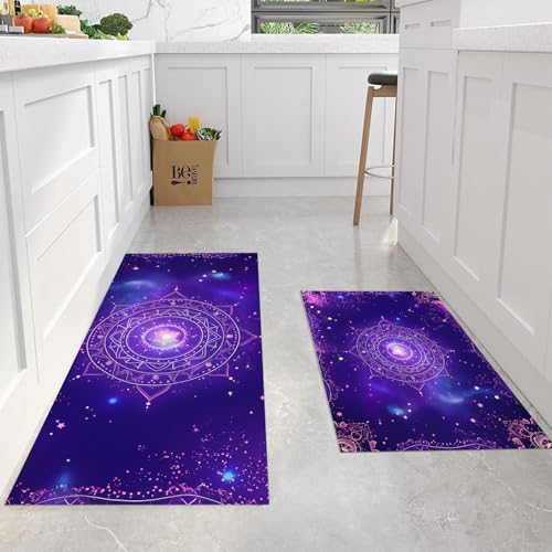 Tapetes de cocina de estrella mandala morada con juego de alfombras lavables de 2 piezas 2