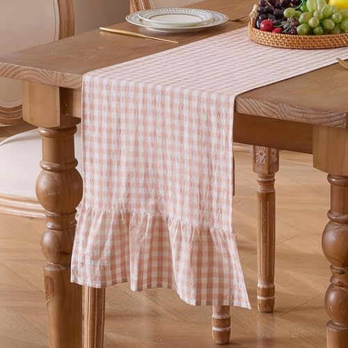 Cobedzy 13" x 72" Plaid Gingham Ruffle Table Runner, Pinkish Brown Cotton Checkered Table Runner for Farmhouse, Party, Kitchen Decor