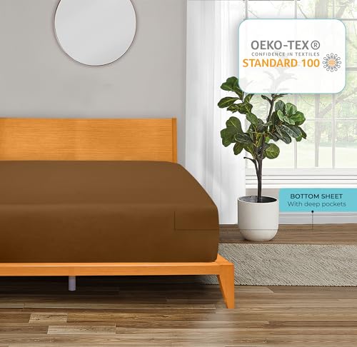 Image of ROYALE LINENS 300 Thread Count 100% Long Staple Combed Cotton Fitted Sheet Queen - Super Soft Deep Pocket Bottom Sheet - Fitted Sheets Only - Elastic Sheets (Queen, Chocolate)