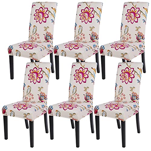 Image of SearchI Printed Dining Room Chair Covers Set of 6, Stretch Kitchen Chair Covers Washable Parsons Chair Slipcover Removable Dining Chair Protectors for Hotel,Ceremony(Flower Pattern)