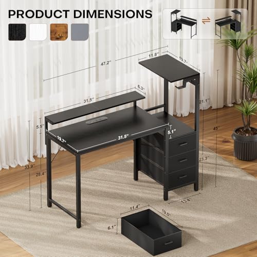 Image of HLDIRECT 44 inch Gaming Desk with 3 Fabric Drawers & Side Hooks-Reversible Home Office Computer Desk with Power Outlets & Led Lights, Gamer Desk Table with Monitor Stand, Black