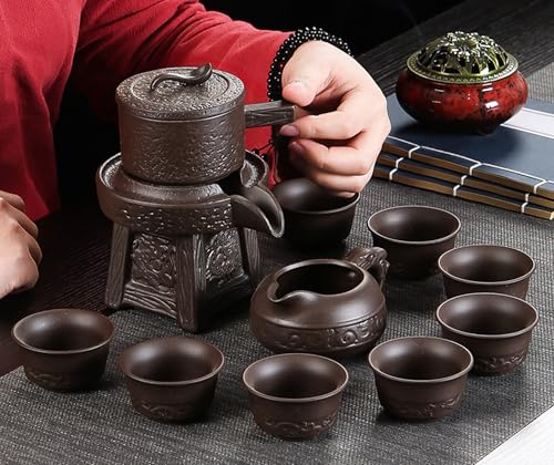 Image of Chinese Gongfu Tea Gift Set, Service Automatic Stone-Mill Design Handmade Ceramics Tea Pot 8 Cups Japanese Kung Fu Tea for Adults Men Women Tea Ceremony Party Home Office Decor (brown)