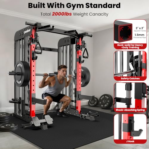 Image of pooboo Power Cage Smith Machine with 2000LB Squat Rack Cable System | LAT Pulldown and Dual Pulley Cable Crossover with All-in-One Home Gym Machine, Adjustable Stations and Training Attachments
