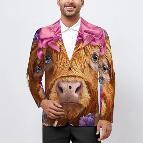 Flower Highland Cow Men's Blazer Printed Button Suit Jacket Slim Sport Coat Blazers2