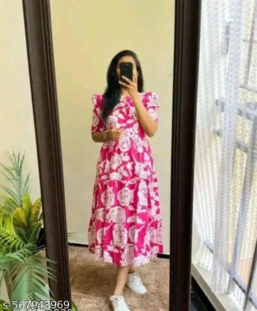 Image of Women's Rayon A-Line Midi Dress, Floral Print, Short Sleeves, Round Neck, Tiered Design