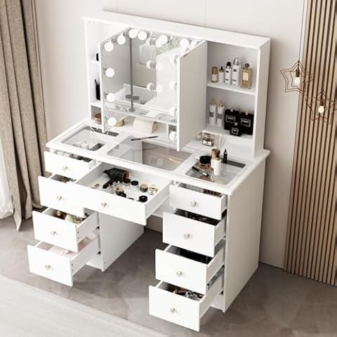 FUFU&GAGA Soft-Close Adjustable Lighting Vanity Dresser Vanity Makeup Table Cover