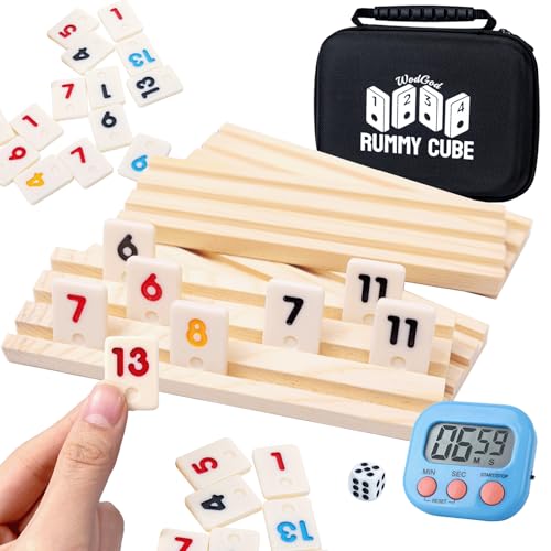 WodGod 4 Player Travel Rummy Cube Game Set, Travel Size Rummy Cube, Mini Rummy Cube Game with 106 Mini Tiles,4 Racks,1Timer,1 Portable Case for Family Classic Party Game