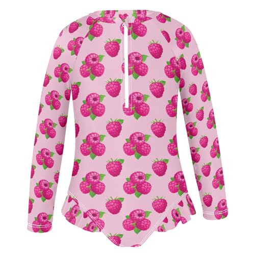 Pink Raspberries Fruit Girls Long Sleeve Rashguard Swimsuit UV Protection One-Piece Swimwear Bathing Suit B04051272