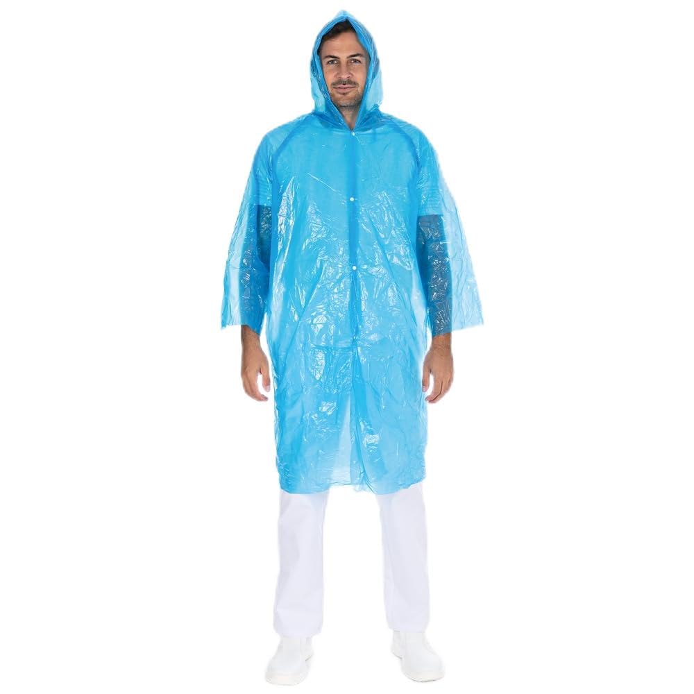 FRANZ MENSCH 50 Stück Hygonorm Besucherkittel Light mit Druckknöpfen, Kapuze | PE, Packung, blau, Einheitsgröße, L: 120cm, Umfang: 150cm, Einwegkittel, Einwegkittel, Besucherkittel
