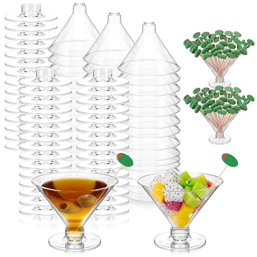 Remerry 70 Plastic Martini Glasses and 150 Olive Cocktail Picks Set 5 oz Disposable Plastic Martini Cups Clear Mini Dessert Glasses for Weddings Party Wine Appetizers Food (Clear)