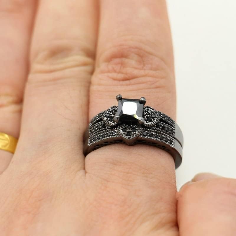 Unique 925 Sterling Silver Black Gem Ring Fashion Black Flare Set Ring Double Row Black Diamond Ring Black Gold Fill Set CZ Eternal Engagement Wedding Jewelry-Making-Patterns