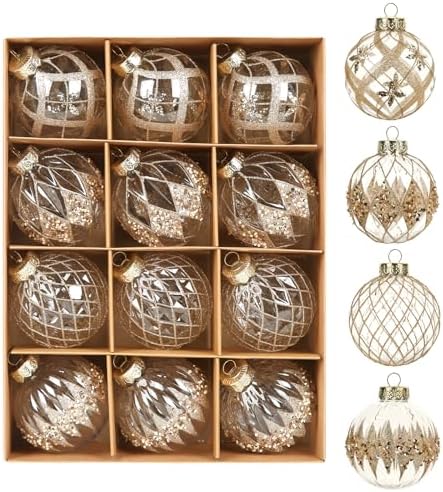12 PCS Champagne Christmas Ornaments, 80mm/3.15 Inches Clear Luxu...