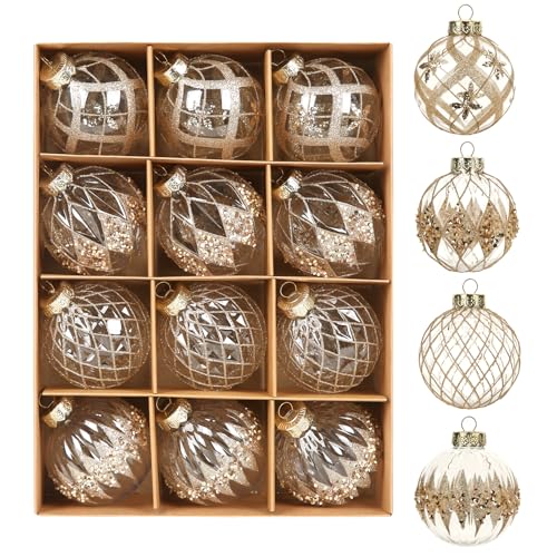 12 PCS Champagne Christmas Ornaments, 80mm/3.15 Inches Clear Luxury Hand-Painted Xmas Ball Ornaments for Christmas Tree Rustic Farmhouse Wedding Home Decor
