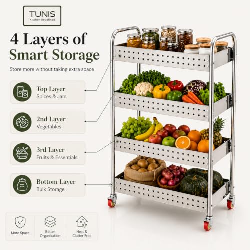 Image of TUNIS 4 Tier 202 Premium Stainless Steel Kitchen Storage Trolley with 360 Rotating Wheels | Multipurpose Vegetable & Fruit Rack Organizer | Movable Storage Cart for Kitchen, Pantry & Home