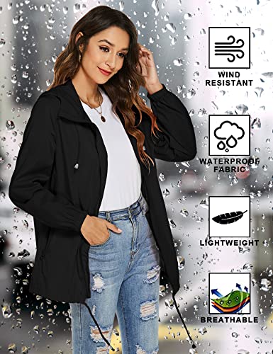 Rapbin Damen Jacke Übergangsjacke Wasserdicht Winddicht Faltbare Regenjacke Leicht Dünne Faltbare Regenmantel(Schwarz,XXL)
