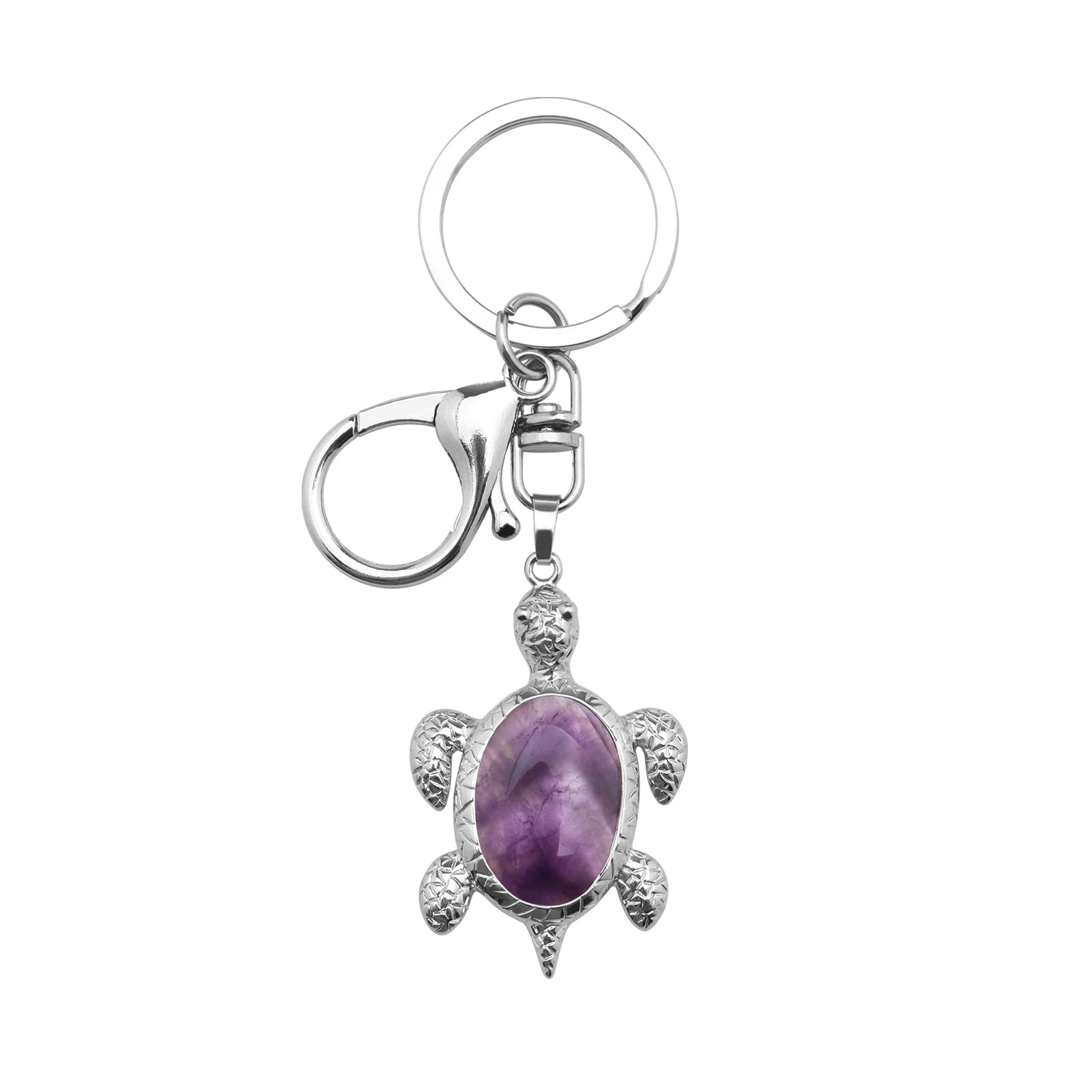 Be In Your Mind Natural Amethyst Sea Turtle Keyring Energy Stone Natural Gemstone Lobster Clasp Pendant Charm Keychain for Purse Backpack Handbag Mobile Phone Jewelry Accessory