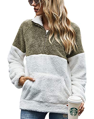 Ambcol Womens Oversized Sherpa Pullover with Pockets Fuzzy Fleece Sweatshirt Fluffy Coat Warm Outwear Army Green Medium