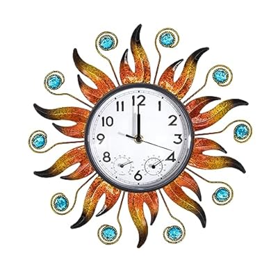 HOBYLUBY Sun Outdoor Clock with Thermometer and Hygrometer Combo, Silent No-Ticking Outdoor Wall Clock, Waterproof Quartz Clock for Patio, Living Room, Kitchen, Garden, 13 Inch