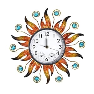 HOBYLUBY Sun Outdoor Klok met thermometer en hygrometer combo, stille buiten muurklok, waterdichte kwartsklok voor terras, woonkamer, keuken, tuin, 35 cm