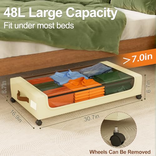 Image of GoMaihe Under Bed Storage with Wheels:48L Underbed Storage Containers with Lids - Rolling Bins for Shoes Clothes in Dorm Bedroom - Metal Drawers Easy Pull-out Beige 4-Pack