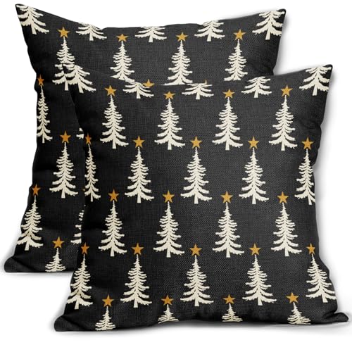Black Christmas Pillow Covers 20x20 Set of 2 Xmas Tree Star Rustic Winter Print Decorative Outdoor Pillowcases Farmhouse Vintage Holiday Decorations Throw Cushion Case Decor for Couch Sofa Bed