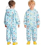 JinBei Chubasquero Niños Ligero Traje Impermeable Niño 2 Piezas con Capucha Chaqueta y Pantalones Reflectante Transpirable Conjunto Ropa de lluvia Dinosaurios Estampado Azul 5-6 años