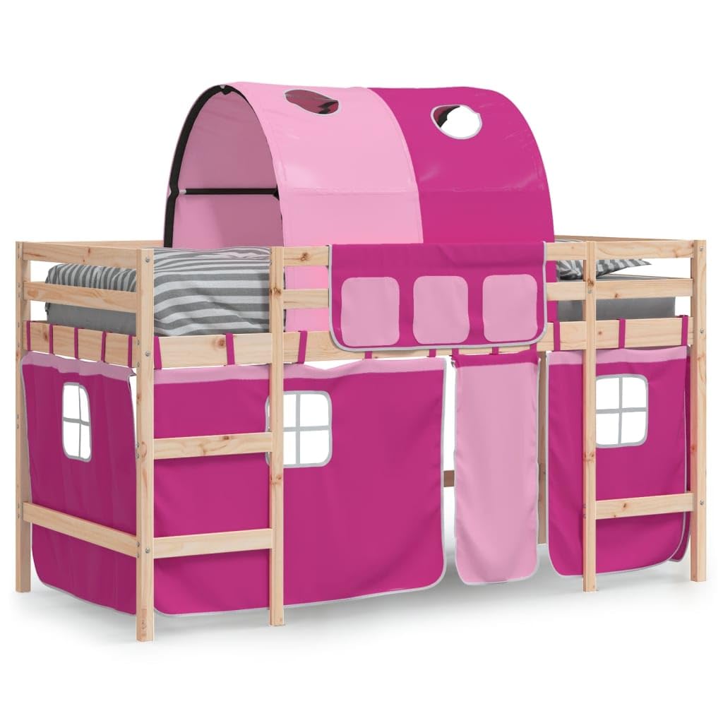 Lit Mezzanine Enfants en Bois de pin Massif Rose 80x200 cm avec Tunnel Rideaux, Cadre sommier Stable, Espace Rangement optimisé, échelle sécurisée pour Chambre Enfant ado