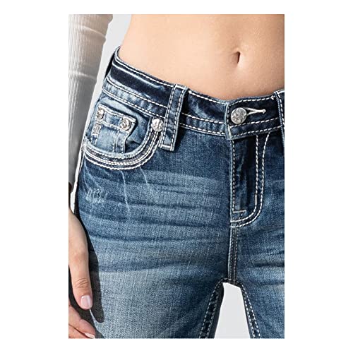 Miss Me Women's Medium Wash Mid Rise Embroidered Paisley Distressed Bootcut Dark Blue 33W X 34L #TOP4