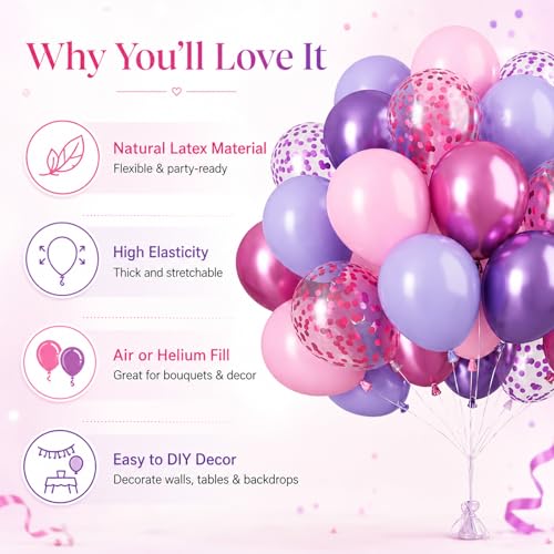Image of Pink and Purple Balloons, 50PCS 12 Inch Confetti Balloons, Metallic Purple Pink Latex Balloons with Ribbon, Party Balloons for Birthday Shower Wedding Party Decorations