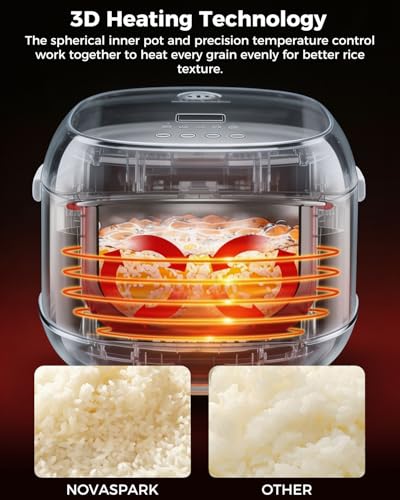 Image of Novaspark Stainless Steel Rice Cooker Small 6 Cup (Uncooked) / 12-Cup (Cooked) with Stainless Steel Inner Pot, Compact Mini Rice Cooker Small Kitchen, Low Carb Rice Maker, 24H Timer and Auto Keep Warm