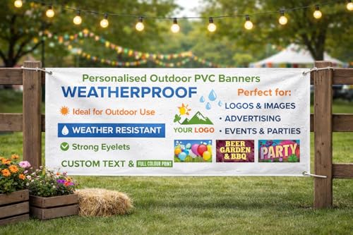 Personalised PVC Banner Custom Printed Indoor Outdoor Weatherproof Vinyl Sign with Photo Logo Text - Straight Cut Eyelets or Hemmed with Eyelets - Business Pub Party Wedding Event