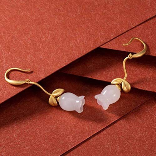 Boucles d'oreilles en jade blanc véritable et convallaria de style chinois - 2