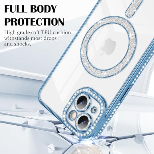Image of Cute Compatible with iPhone 13 Diamond Glitter Case,Luxury Bling Rhinestone Soft Clear TPU Bumper Case,Compatible with MagSfe and Camera Lens Protection Cover for Women Girls (Blue)