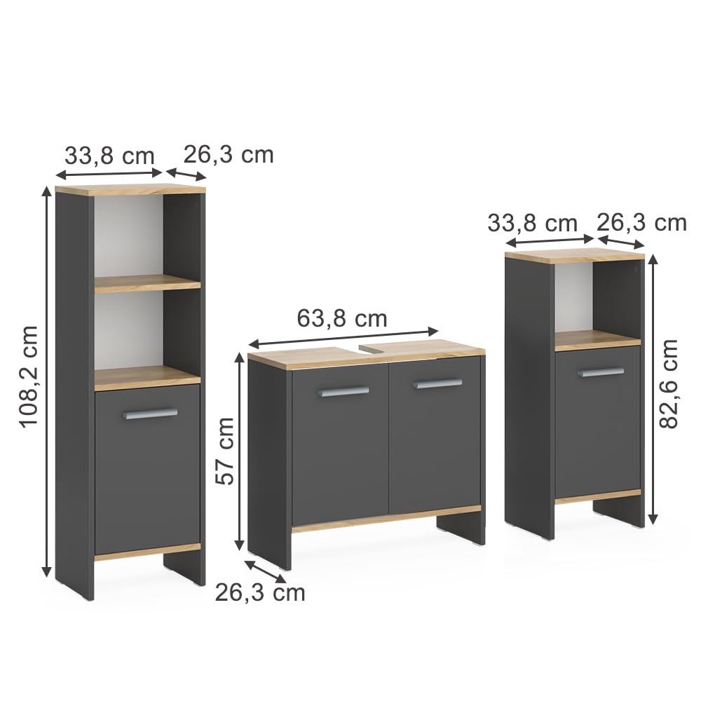 Vicco Set di mobili da bagno Karli, Antracite/Rovere dorato, 131.4 cm, composto da mobile sottolavabo, specchiera e colonna alta