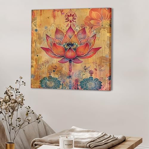 Image of Pink Vastu Lotus Stretched Canvas Wall Art Painting for Living Room | Elegant Floral Artwork Painting | Modern Spiritual Wall Decor for Home, Bedroom & Office, 22x22 Inch