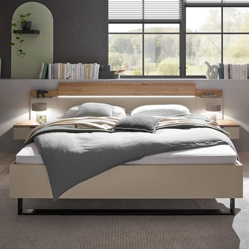 Lomadox Schlafzimmer Komplett Set in Eiche mit Kaschmir, Kleiderschrank 6-türig & Bett 180x200 cm mit Nakopaneel LED-Beleuchtung & Kommode mit Softclose-Funktion – Bild 5