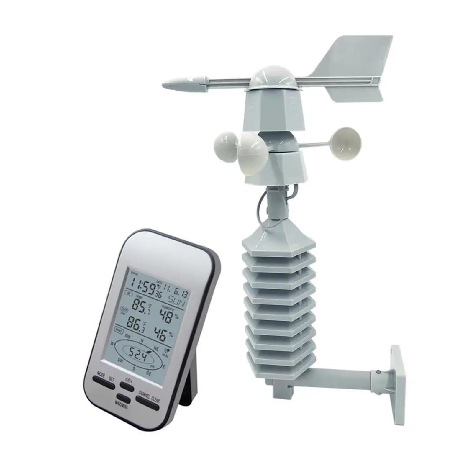 Drahtloser Anemometer Dual Mount Windsensor LCD Wetterstation Uhr Windgeschwindigkeit Richtung Chill Home Temperatur Luftfeuchtigkeit WS023
