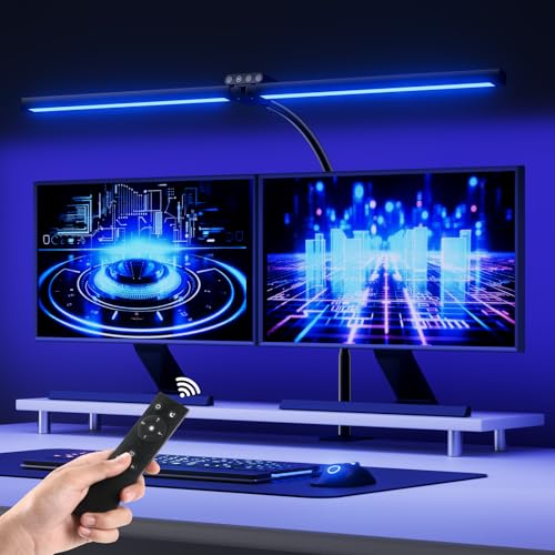 vatato Doppelkopf LED Schreibtischlampe mit RGB,24W Dimmbar Schreibtischleuchte mit Fernbedienungen, Klemmbar Tageslichtlampe mit Stufenlose Dimmung&Farb,Büro Tischlampe für Home&office(schwarz)