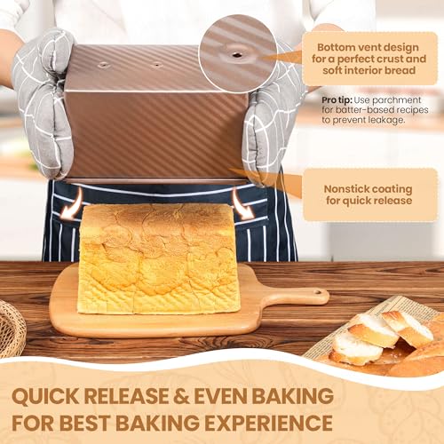 Image of Yupjlia Pullman Loaf Pan with Lid, 1LB, Nonstick, Even Baking, Clean Easily | Premium Sandwich Bread Loaf Pan with Lid for Homemade Bread, Heavy Duty Carbon Steel Corrugated Pullman Toast Box, 9 x 4