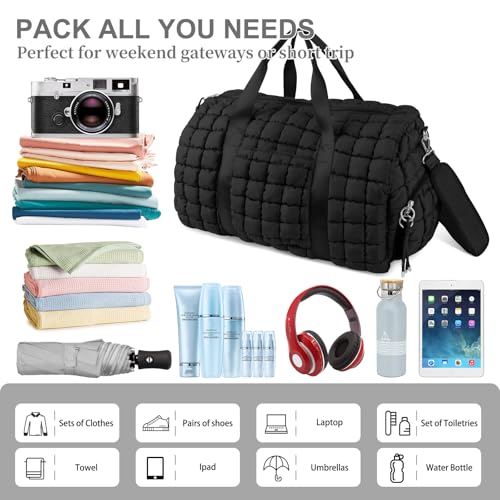 Image of Quilted Travel Duffle Bag Gym Bag for Women,Large Puffer Duffle Weekender Bag with Compartment,Workout Overnight Carry on Organizer Bag Duffle Bag for Airplane Travel(L-Black)