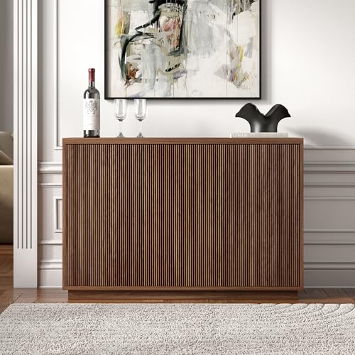 Henn&Hart 47.5'' Fluted Sideboard Buffet Cabinet, Ribbed Modern Wooden Credenza with 3 Doors, Adjustable Shelves, and Cable Management Cut-Outs for Dining Room, Kitchen or Living Room, Satin Walnut by Henn&Hart - Used condition - Image 5